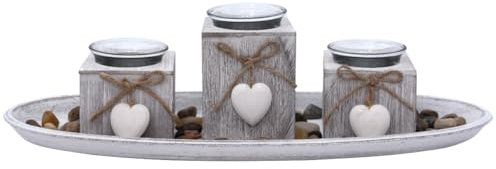 Schönes Deko-Set mit 3 Teelichthalter - dekoriert mit Herzen auf Tablett und Dekosteine - grau b39h10t14cm - Tischdeko Romantik Geschenkidee Landhausstil Shabby Vintage Dekoration