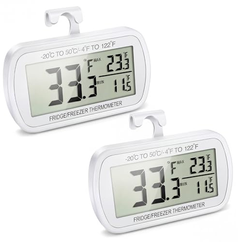 Waterproof Refrigerator Fridge Thermometer, Digital Freezer Room Thermometer, Max/Min Record Function Large LCD Screen and Magnetic Back for Kitchen, Home, Restaurants (2 Pack)