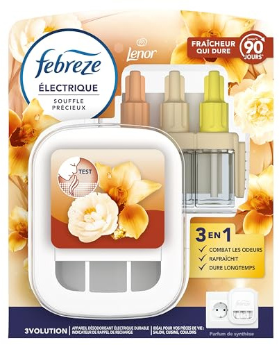 Febreze Kit De Démarrage Diffuseur Électrique Parfum Souffle Précieux, Prise + Recharge de 20ml, 3 Parfums en Alternance, Combat les Odeurs et Rafraîchit Jusqu'à 90 Jours