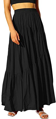 ANRABESS Women’s Boho Elastic High Waist Pleated A-Line Flowy Swing Asymmetric Tiered Maxi Long Skirt Dress with Pockets Black Medium