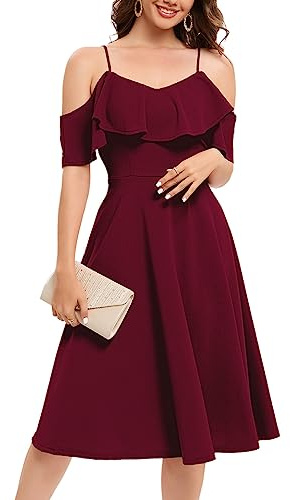 Bbonlinedress Chic cocktail partyklänning för dop, ceremoni, bal, bröllop, mellanlång med hängslen, Bordeaux, S