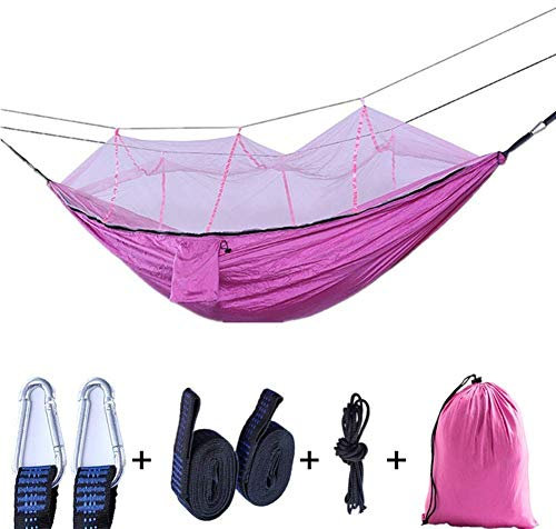 Hamocks Schaukelstuhl, Doppel-Hängematte, leicht, Fallschirm, tragbar, Camping-Hängematte mit Moskitonetz, tragbar für Wandern, Reisen, stark und stabil/Rosa