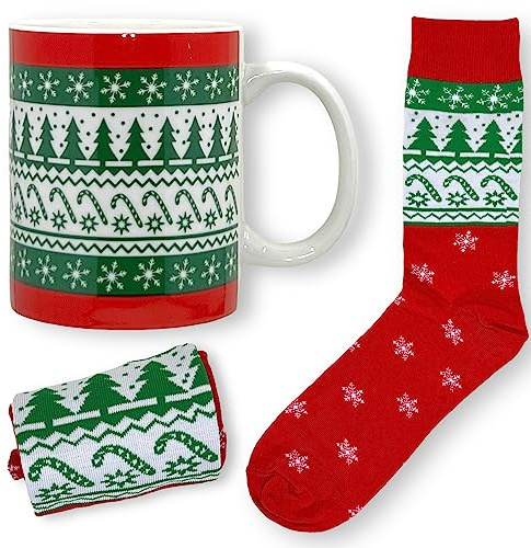 MIJOMA Tassen-Socken-Geschenkset – 300ml Keramiktasse & Kuschelsocken im Weihnachtsdesign – Geschenkidee für Damen, Herren & Fans gemütlicher Wintermomente (Norwegermuster)