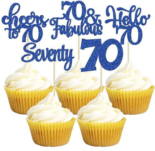 30Pcs Happy 70th Birthday Cupcake Toppers Seventy Cheers to 70 Years Old Birthday Cupcake Picks for 70th Birthday Anniversary Party Cake Decorations Supplies Deep Blue Glitter
