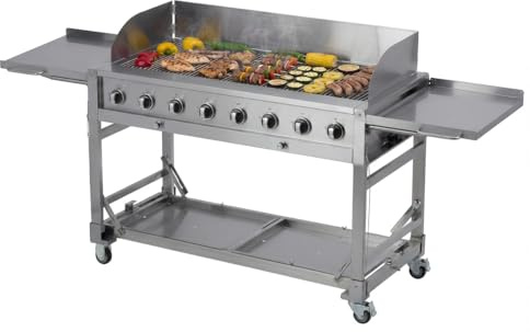 METRO Professional Barbecue a Gas con 8 Bruciatore, Acciaio Inox, Tavolini Laterali Pieghevoli, 4 Ruote, Copertura Protettiva Inclusa, Argento