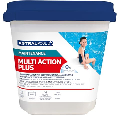 Astralpool Multiaction Plus 250 g Chlortablette 3 in 1 Funktionen 5 kg für die Desinfektion, Algenbekämpfung und Flockung von Pool, Whirlpool Multifunktionstablette