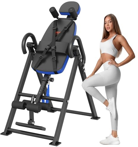 VEVOR Tavolo a inversione Panca a inversione, Portata 136 kg, Dispositivo Fitness Multifunzionale, Trainer per Schiena, Tavolo a inversione Pieghevole Allenamento Forza con poggiatesta, Blu/Nero