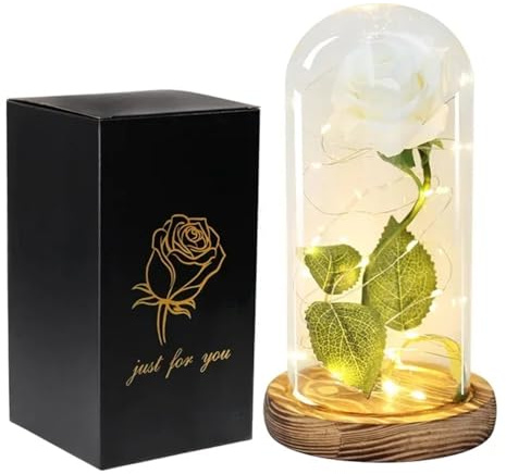 Rose Eternelle,Rose Eternelle Sous Cloche Rose éternelle artificielle avec couvercle en verre, décoration for la saint-valentin, un mariage, un anniversaire, cadeau(WHITE)