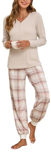 Famulily Women Matching Pajama Set Soft Ribbed Long Sleeve Top with Jogger Pants 2 Piece Sleepwear Beige XXL