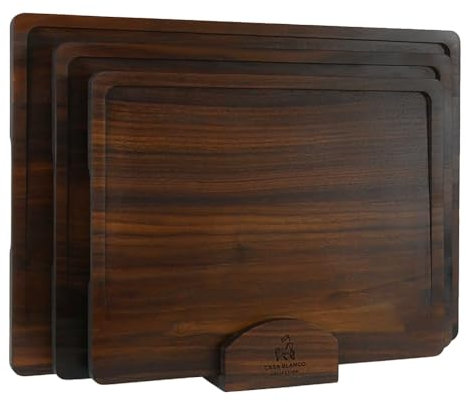 Casa Blanco Collection - Black Walnut 3-Piece Cutting Boards with Stand - Luxury Kitchen Cooking Tools, Wood Chopping Block Set For Meats, Fruits & Vegetables, Assorted Sizes, Easy Grip Handles