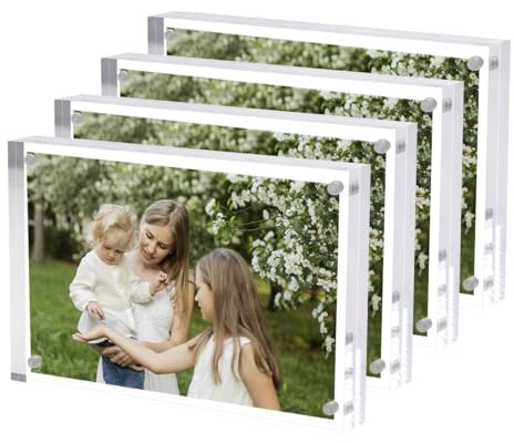 Hexsonhoma Acryl 10x15cm Bilderrahmen 4 Packung, Magnetische Bildbild Anzeigerahmen 15x10, Doppelseitige rahmenlose Schreibtisch Bilderrahmen für Büro, UV-Schutz