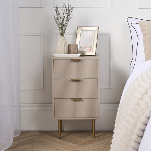 OHS 3 Drawers Bedside Table, Ribbed Decorative Wooden Bed Side Table Sleek Modern Storage for Socks Underwear Clothes Bed Sidetables for Bedroom Living Room Home - Beige, 64 x 36 x 24cm