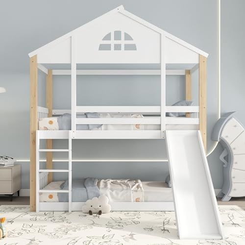 Trdlpyn Letto a Castello per Bambini con Scivolo 90x200 cm, Design a Forma di Casetta con Finestra, Recinzione e Protezione Anticaduta, Struttura in Legno Massello, Letto per ragazzi e ragazze