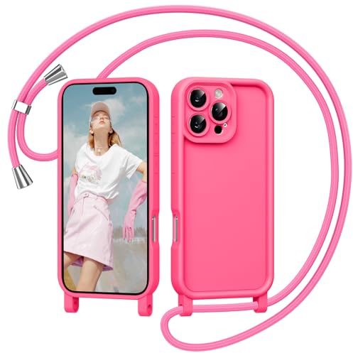 Coiwxmoi Cover per iPhone 16 Pro 6,3 con Cordino, Custodia con Laccio Collana Tracolla Regolabile Sottile Silicone Morbido TPU Bumper Antiurto AntiGraffio Protettiva Case per iPhone 16 Pro, Rosa