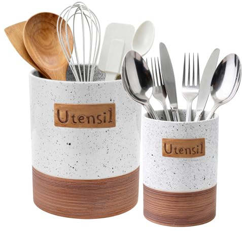 Alarrar Utensil Holder, 7.1+5.4 Ceramic Kitchen Utensil Crock for Counter, Farmhouse Cooking Utensil Organizer for Spatula Spoon Silverware Vintage Kitchen Decor Accessories Set of 2, White