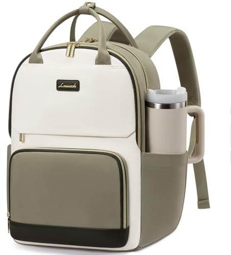 LOVEVOOK Rucksack Damen, 15.6 Zoll Laptop Schulrucksack Teenager mit Großem Flaschenfach, Uni Schultasche Travel Backpack Women Elegant, Arbeitstasche Tagesrucksäcke für Reise Schule, Grün Beige