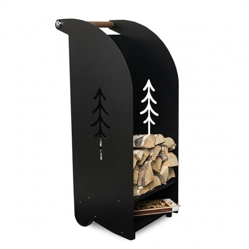 Signs & Numbers Firewood Storage Trolley Cart on Wheels - Modern Metal Log Holder with Wooden Handle | Indoor & Outdoor Firewood Rack - Durable Powder - Coated Metal (L-34x96x38cm-85L,15kg)