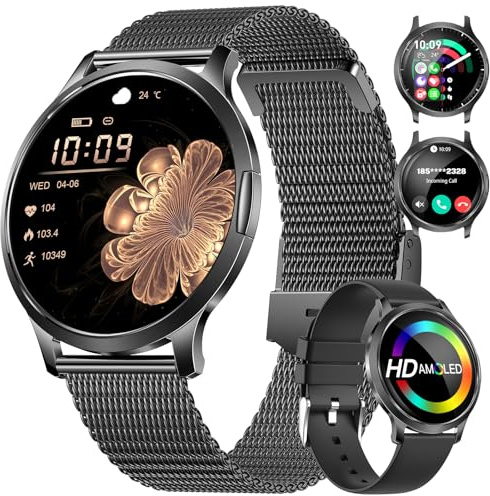 HIRREO Orologio intelligente da donna, 7,9 mm, sottile, 1,32, HD, AMOLED, elegante, nero, per iOS Android, ciclo mestruale, monitoraggio della salute, 100+ modalità sportive