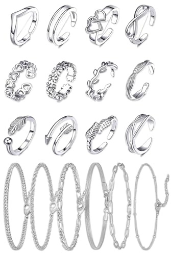 ZPLASK 12 Pcs Silver Toe Ring and 6 Pcs Anklets, Adjustable Rings for Women, Toe Rings for Women Foot Jewelry for Gifts for Friends Daily, Thumb Ring Fashion Accessories for Young Girls