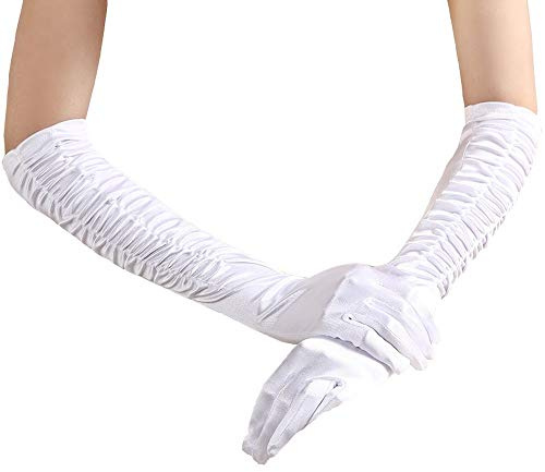 krautwear® Damen Handschuhe Spitze Ellenbogen Lang Abendhandschuhe Gerafft Braut Kurz Satin Schleife