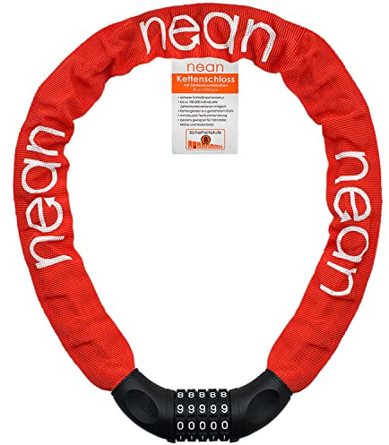 Nean Lucchetto con combinazione, con catena in maglie in acciaio, per bicicletta e moto 6 x 900 mm, nero (rosso)