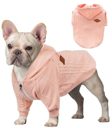 Meioro Reißverschluss Kapuzen-Pullover für Hunde und Katzen - Niedliche Warme Haustier Kleidung für Winter - Französische Bulldogge Welpen (XS, Rosa)