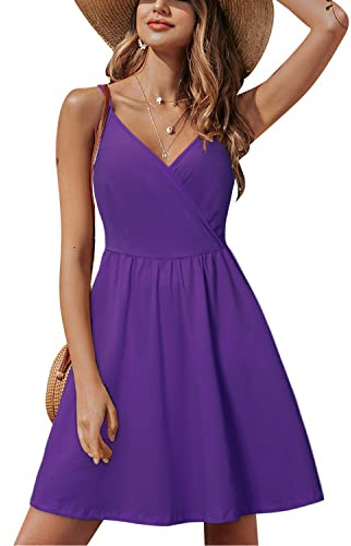 STYLEWORD Women's V Neck Spaghetti Strap Summer Dress Skater Casual Dress Swing Midi Sundress with Pockets (Purple-429,XL)