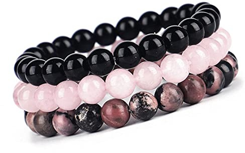 Unique Gems 3er Set Naturstein Perlenarmbänder Damen 8mm Schwarzer Achat Rosenquarz Rhodonit elastisches Perlenarmband handgefertigt Geschenk für Frauen Made in Germany