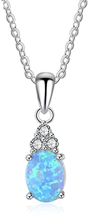 925 Sterling Silber Anhänger Halsketten Erstellt Oval Blauer Opal Halskette Zirkonia Edles Schmuck Geschenk Für Frauen
