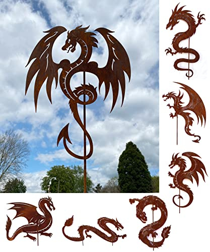 Mächtiger Drache 60x46cm + Stab Gartenstecker Edelrost Drachen Figur