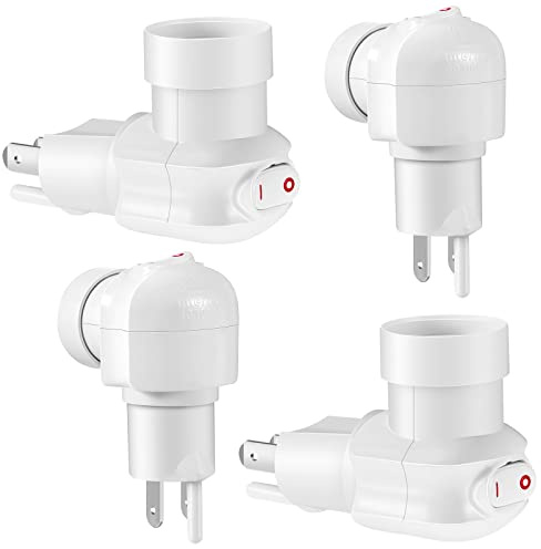 Plug in Light Socket, Outlet to Light Socket Adapter 3 Prong 360° Rotatable Plug with On/Off Switch Bulb Adapter(4 Pcs)
