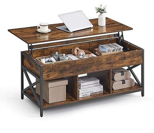 VASAGLE Lift Top Coffee Table, Lift Coffee Table with Storage Shelf, Hidden Compartments and Lifting Top, for Living Room, Office, 19.7 x 47.2 x (19.3-24.4) Inches, Rustic Brown and Black ULCT212B01