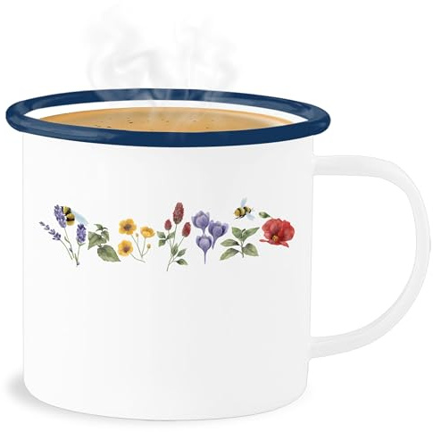 Emaille Becher Blechbecher - Tasse Boho & Bohemian Deko - Blumen Wiese Watercolor Aquarell - 300 ml - Weiß Blau - blume tassen flower kaffeebecher floraler trinkbecher blumenmotiv emaillebecher