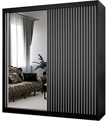 Margaret Hadas24 Kleiderschrank Lili mit Lamellen und Spiegel, Organizer, mehrzweckschrank, Schwebetürenschrank, Garderobenschrank, Kleiderstange, Kleiderständer, Schrank, 150 cm, weiß, schwarz