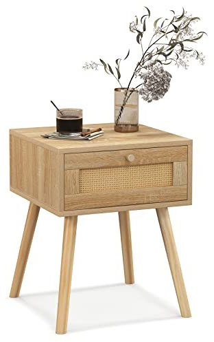 RELAX4LIFE Nachttisch mit Schublade, Beistelltisch mit Rattan-Design, Nachtkommode mit Massiven Kiefernholzbeinen & Metallgriff, Sofatisch Wohnzimmer Schlafzimmer, 40 × 40 × 55 cm (Natur)