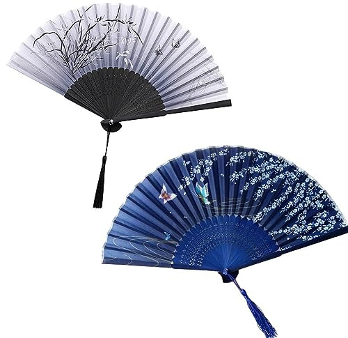 LYQNIHOB 2er Set Seiden-Fächer: Japanisch & Chinesisch, mit Blumenmotiv, für Damen & Herren Faltbar aus Bambus & in 2 Farben erhältlich Orientalischer Handfächer