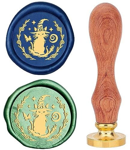 craspire Katzen-Wachssiegelstempel, 25 mm, Stern-Siegelwachsstempel, Retro-Palisandergriff, Abnehmbarer Messingkopf Für Hochzeitseinladungen, Umschläge, Halloween, Weihnachten, Erntedankfest