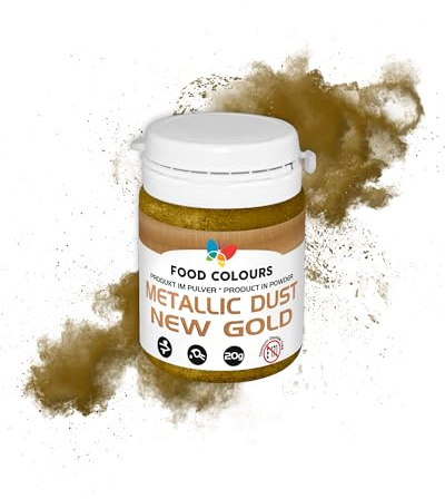 Food Colours Lebensmittelfarbpulver mit metallischem Effekt, essbarer Farbstoff NEW GOLD METALLIC 20G – ideal für die Dekoration von Kuchen, Torten, Zuckerpasten, Keksen und Getränken.