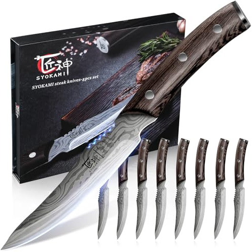SYOKAMI Steak Knives Set of 8, 4.8 Inch Carbon Steel Japanese Style Non Serrated Dinner knives with Wooden Handle, Damascus Pattern Full Tang Design, Housewarming Holiday Cooking Gifts