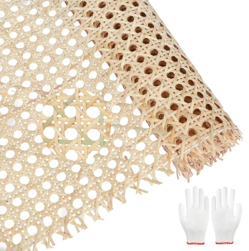 jackfru Natürliches Rattan-Gurtband Rolle, Geflecht Wabengeflecht aus Stuhlflechtrohr für Möbel Heimdekoration+ Handschuhe (Natürliche Farbe, 100 x 35 cm)