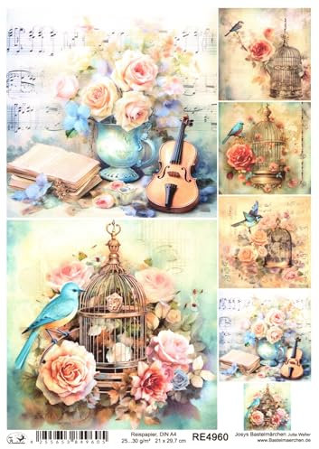 Josys Bastelmärchen Reispapier A4 Strohseide Vintage Rosen Blumen Noten Vogelkäfig Geige RE4960