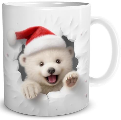 TRIOSK Weihnachtstasse 3D Illusion Eisbär mit Weihnachtsmotiv Becher-Durchbruch - Lustige Geschenkidee für Frauen, Eisbärliebhaber, Männer & Kollegen - Keramik-Tasse 300 ml