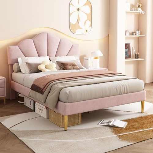 Rtopsu Polsterbett Doppelbett 140×200 cm, Bett mit Muschel Kopfteil, Bettgestell mit Lattenrost aus Holz, Höhenverstellbares Kopfteil, Samt, Rosa, Ohne Matratze