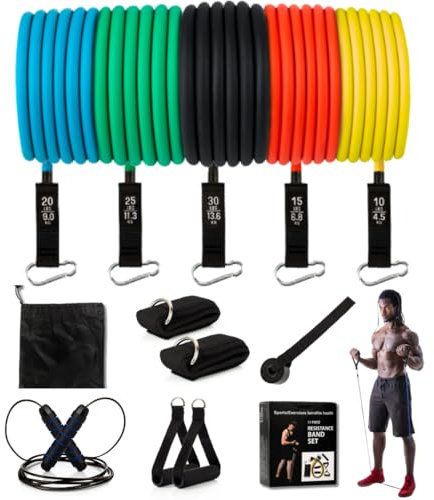 HIITLION - Fasce elastiche per fitness + corda per saltare - Set di resistenza con 5 diversi livelli di elastici per la muscolatura - Fascia elastica fitness per l'allenamento - Gym di casa