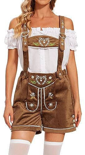 Lederhose Damen Tracht Set, Trachtenhose Damen Kurz Trachtenlederhose mit Bluse Hosenträger Hut Komplettset Trachtenset Lederhosen Bayerische Trachtenlederhosen für Oktoberfest Outfit