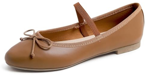 Feversole Soft Round Ballerina, Damen Klasssische Ballerinas Balerinaschuhe Flach Damenschuhe Kamelfarbene Mary Jane aus veganem Leder mit Canvas 39 EU