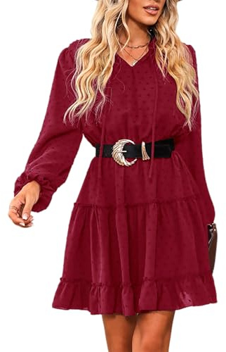 CUPSHE Robe décontractée pour femme avec volant, cordon de serrage, manches longues, col en V, sans ceinture, coupe ample, robe de cocktail A-Line pour fête, mini-robe de cocktail, Rouge, XL