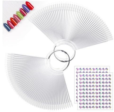 Clear Nail Swatches Fan-shaped 100 PCS Nail Swatch Sticks Nail Colour Display Tips, Transparent Art Tips Color Sticks with Metal Ring for Nail Salon and Beginners (With 200 stickers)