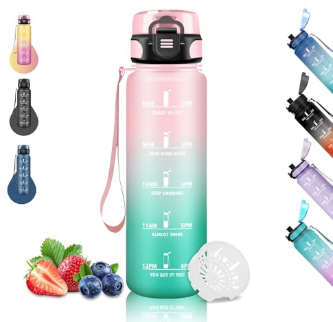 Grsta Borraccia, Borraccia 1 Litro, Borraccie Motivazionale, Senza Perdite, per Adulti, Borraccie con Orari per Bere, Borracce per Ciclismo, Sport, Campeggio, Trekking, Yoga, Rosa-Verde