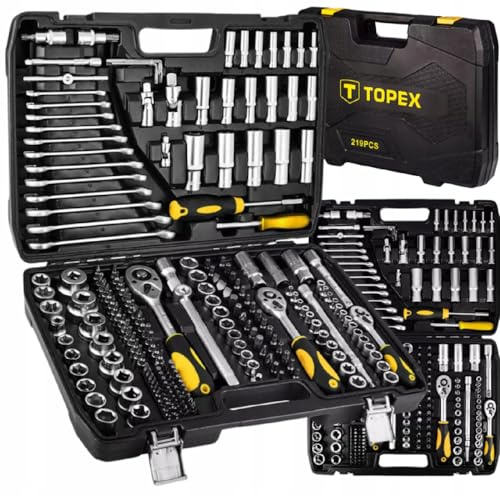 TOPEX Werkzeugkoffer 219-tlg: 1/2, 3/8, 1/4 Nüsse, Ratschen, Bits, Knarrenkasten, Für Kfz, Werkstatt & Heimwerker, Universal-Set Knarrenkasten Universal-Werkzeugkoffer